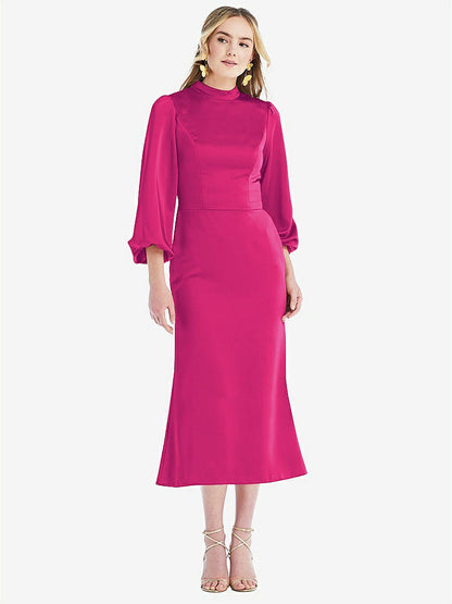 【NEW】【STYLE: LB024】高 襟 パフ 袖 MIDI ドレス  -  ブロンウィン【COLOR: Think Pink】【SIZE: 00-30W】