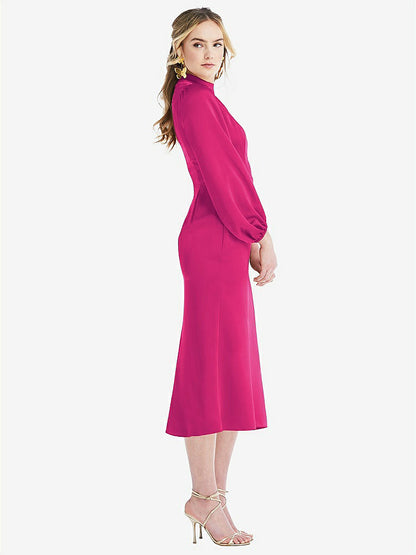 【NEW】【STYLE: LB024】高 襟 パフ 袖 MIDI ドレス  -  ブロンウィン【COLOR: Think Pink】【SIZE: 00-30W】