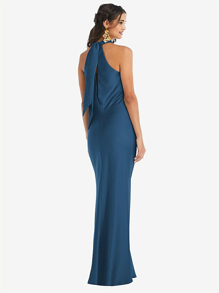 【STYLE: LB025】Draped Twist Halter Tie-Back Trumpet Gown【COLOR: Dusk Blue】