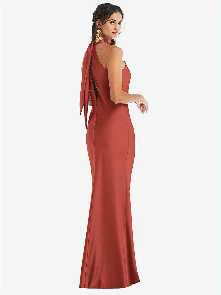 【STYLE: LB025】Draped Twist Halter Tie-Back Trumpet Gown【COLOR: Amber Sunset】