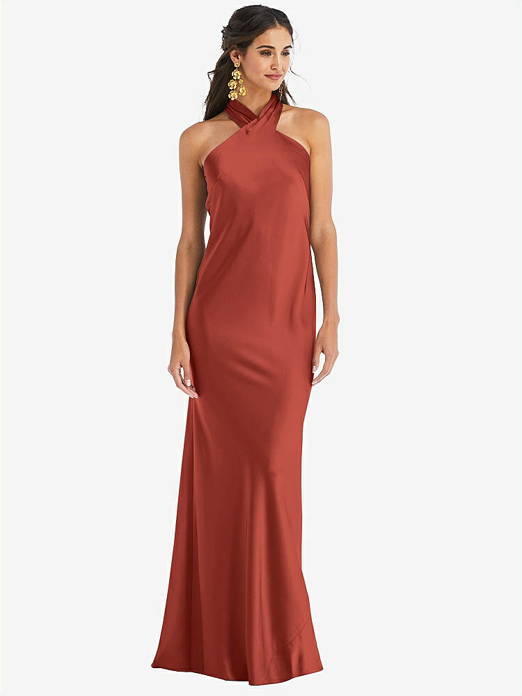 【STYLE: LB025】Draped Twist Halter Tie-Back Trumpet Gown【COLOR: Amber Sunset】