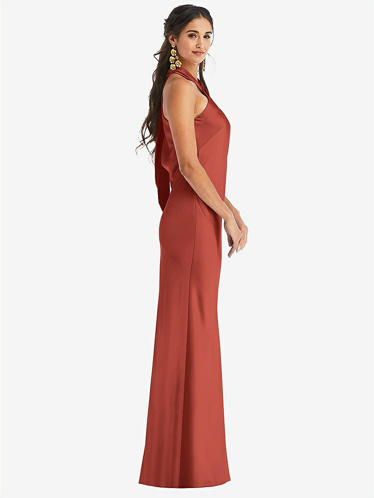 【STYLE: LB025】Draped Twist Halter Tie-Back Trumpet Gown【COLOR: Amber Sunset】