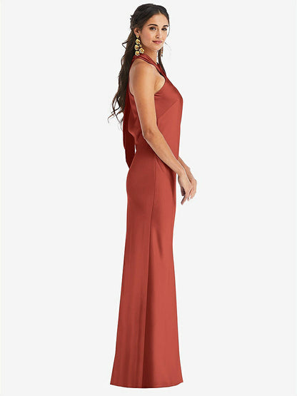 【STYLE: LB025】Draped Twist Halter Tie-Back Trumpet Gown【COLOR: Amber Sunset】
