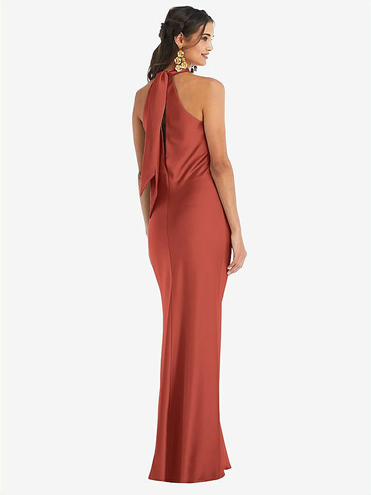 【STYLE: LB025】Draped Twist Halter Tie-Back Trumpet Gown【COLOR: Amber Sunset】
