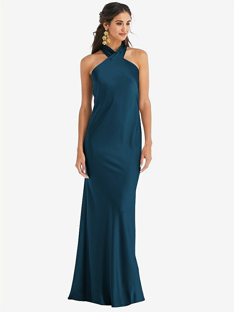 【STYLE: LB025】Draped Twist Halter Tie-Back Trumpet Gown【COLOR: Atlantic Blue】