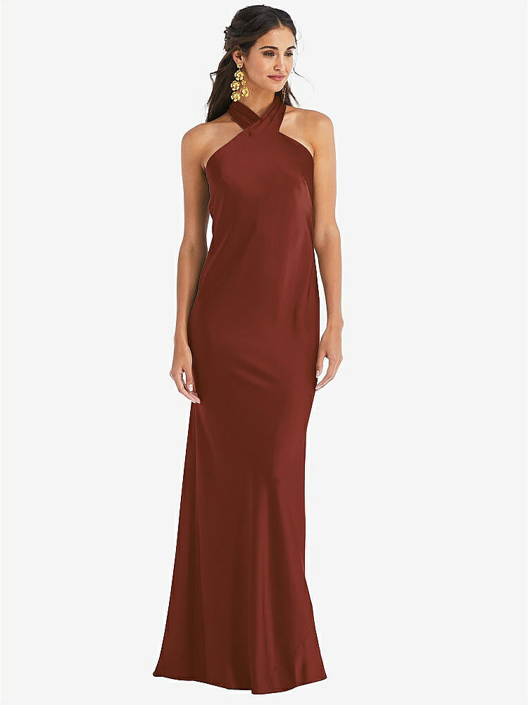 【STYLE: LB025】Draped Twist Halter Tie-Back Trumpet Gown【COLOR: Auburn Moon】