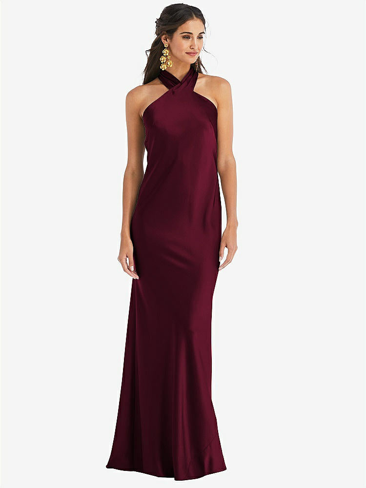 【NEW】【STYLE: LB025】ドレープ ひねり ホルター ネクタイバック トランペット ガウン【COLOR: Cabernet】【SIZE: 00-30W】