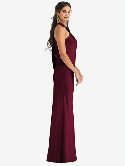 【NEW】【STYLE: LB025】ドレープ ひねり ホルター ネクタイバック トランペット ガウン【COLOR: Cabernet】【SIZE: 00-30W】