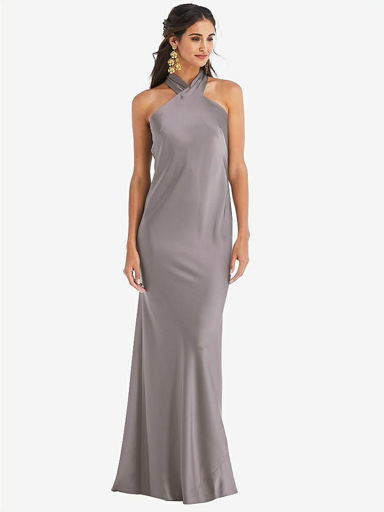 【NEW】【STYLE: LB025】ドレープ ひねり ホルター ネクタイバック トランペット ガウン【COLOR: Cashmere Gray】【SIZE: 00-30W】