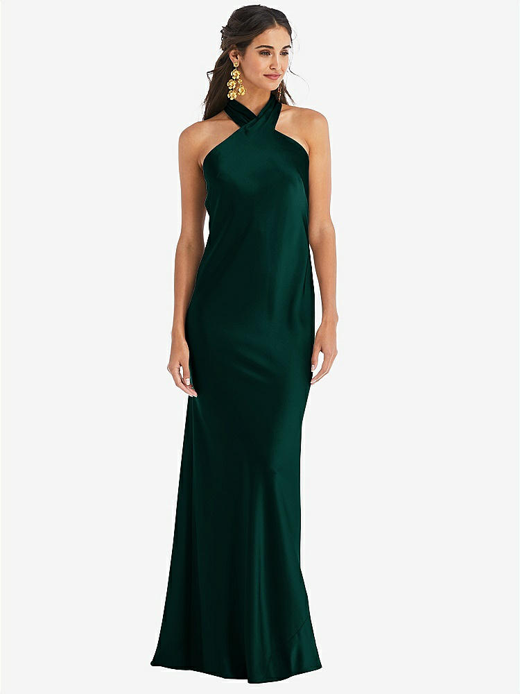 【STYLE: LB025】Draped Twist Halter Tie-Back Trumpet Gown【COLOR: Evergreen】