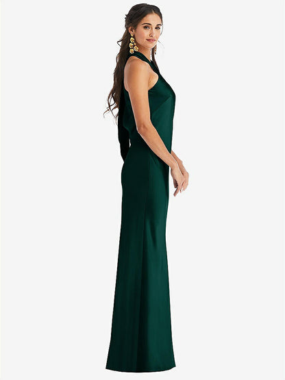 【STYLE: LB025】Draped Twist Halter Tie-Back Trumpet Gown【COLOR: Evergreen】