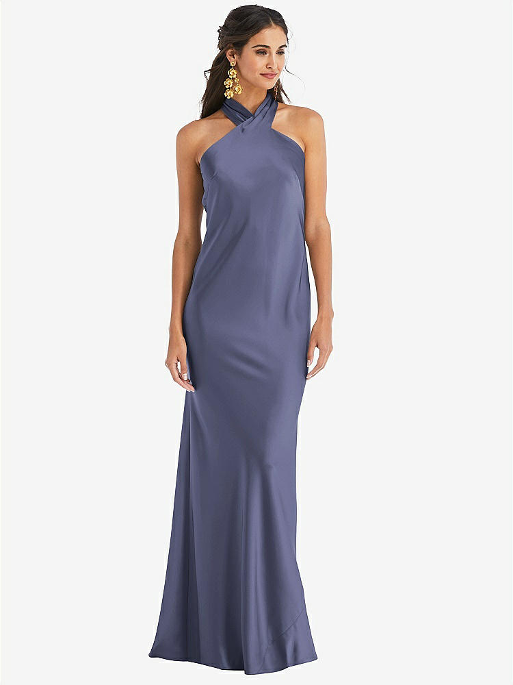 【STYLE: LB025】Draped Twist Halter Tie-Back Trumpet Gown【COLOR: French Blue】