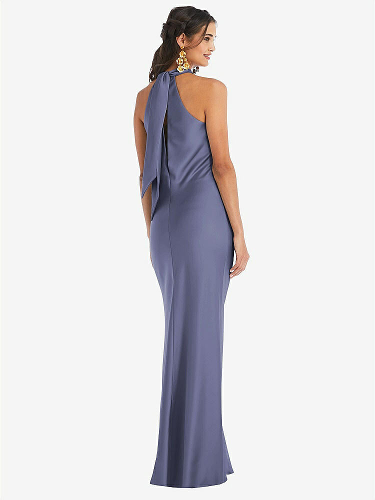 【STYLE: LB025】Draped Twist Halter Tie-Back Trumpet Gown【COLOR: French Blue】