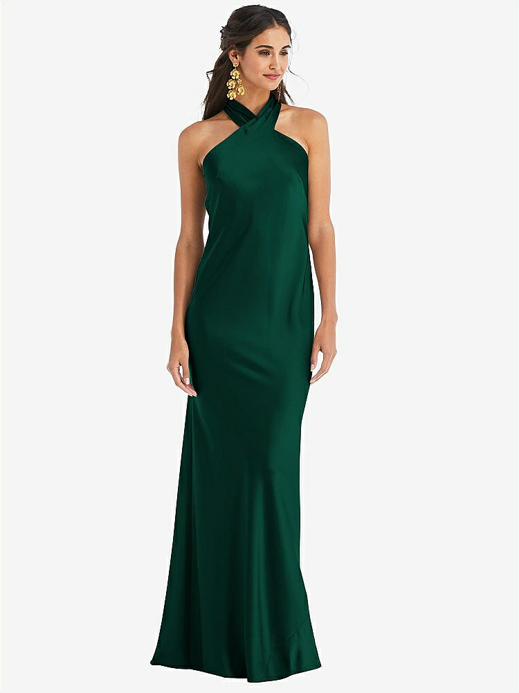 【STYLE: LB025】Draped Twist Halter Tie-Back Trumpet Gown【COLOR: Hunter Green】