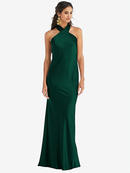 【STYLE: LB025】Draped Twist Halter Tie-Back Trumpet Gown【COLOR: Hunter Green】