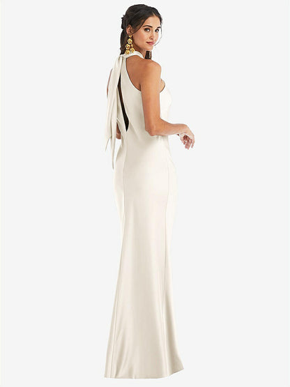 【STYLE: LB025】Draped Twist Halter Tie-Back Trumpet Gown【COLOR: Ivory】