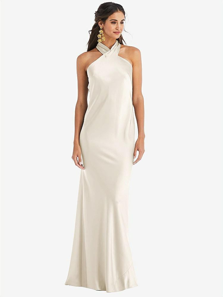 【STYLE: LB025】Draped Twist Halter Tie-Back Trumpet Gown【COLOR: Ivory】