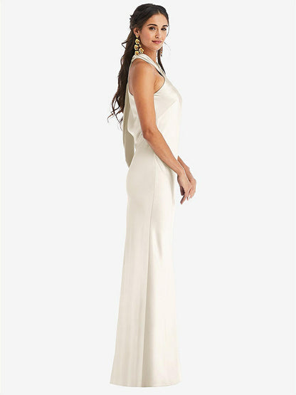 【STYLE: LB025】Draped Twist Halter Tie-Back Trumpet Gown【COLOR: Ivory】