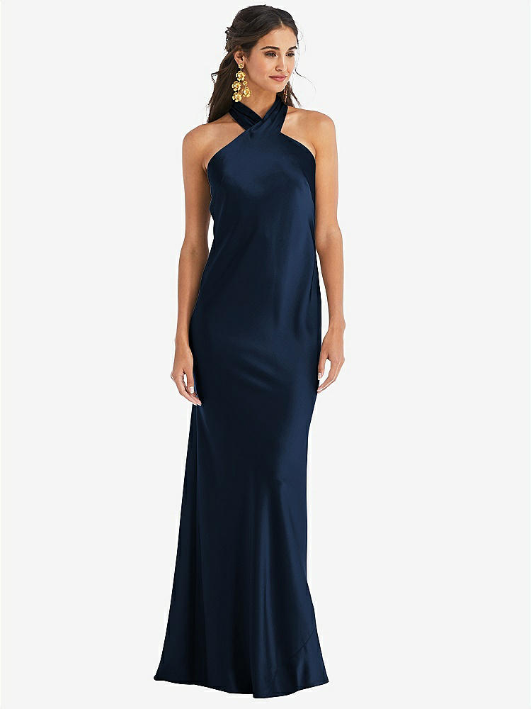 【STYLE: LB025】Draped Twist Halter Tie-Back Trumpet Gown【COLOR: Midnight Navy】