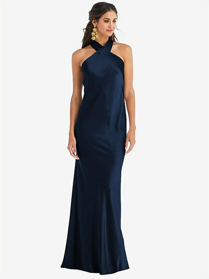 【NEW】【STYLE: LB025】ドレープ ひねり ホルター ネクタイバック トランペット ガウン【COLOR: Midnight Navy】【SIZE: 00-30W】