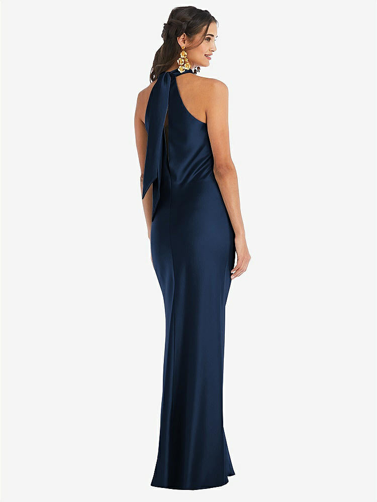 【STYLE: LB025】Draped Twist Halter Tie-Back Trumpet Gown【COLOR: Midnight Navy】