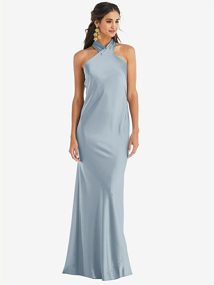 【STYLE: LB025】Draped Twist Halter Tie-Back Trumpet Gown【COLOR: Mist】