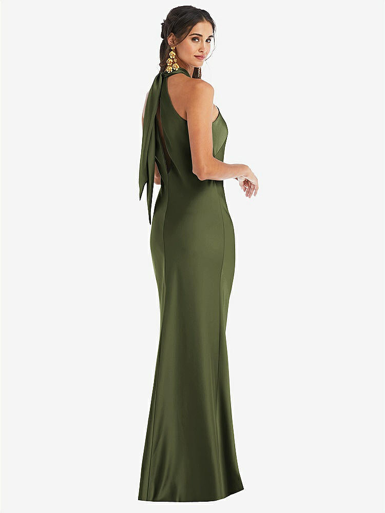 【STYLE: LB025】Draped Twist Halter Tie-Back Trumpet Gown【COLOR: Olive Green】