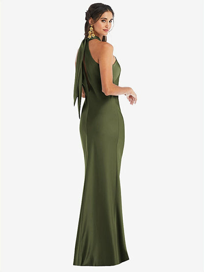 【STYLE: LB025】Draped Twist Halter Tie-Back Trumpet Gown【COLOR: Olive Green】