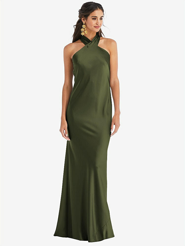 【STYLE: LB025】Draped Twist Halter Tie-Back Trumpet Gown【COLOR: Olive Green】