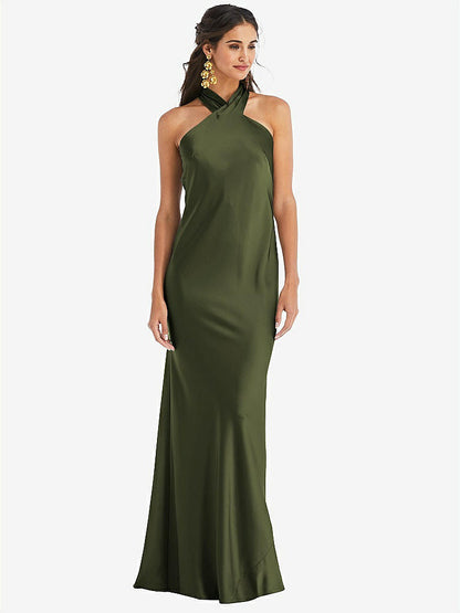 【STYLE: LB025】Draped Twist Halter Tie-Back Trumpet Gown【COLOR: Olive Green】