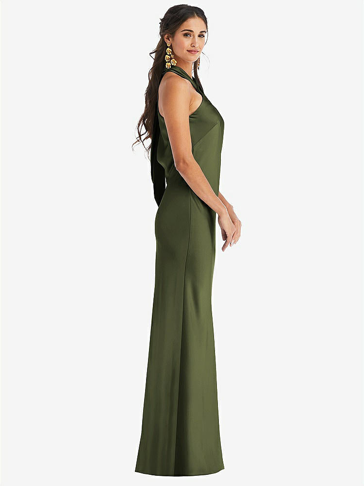 【STYLE: LB025】Draped Twist Halter Tie-Back Trumpet Gown【COLOR: Olive Green】