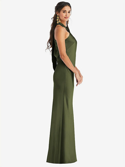 【STYLE: LB025】Draped Twist Halter Tie-Back Trumpet Gown【COLOR: Olive Green】