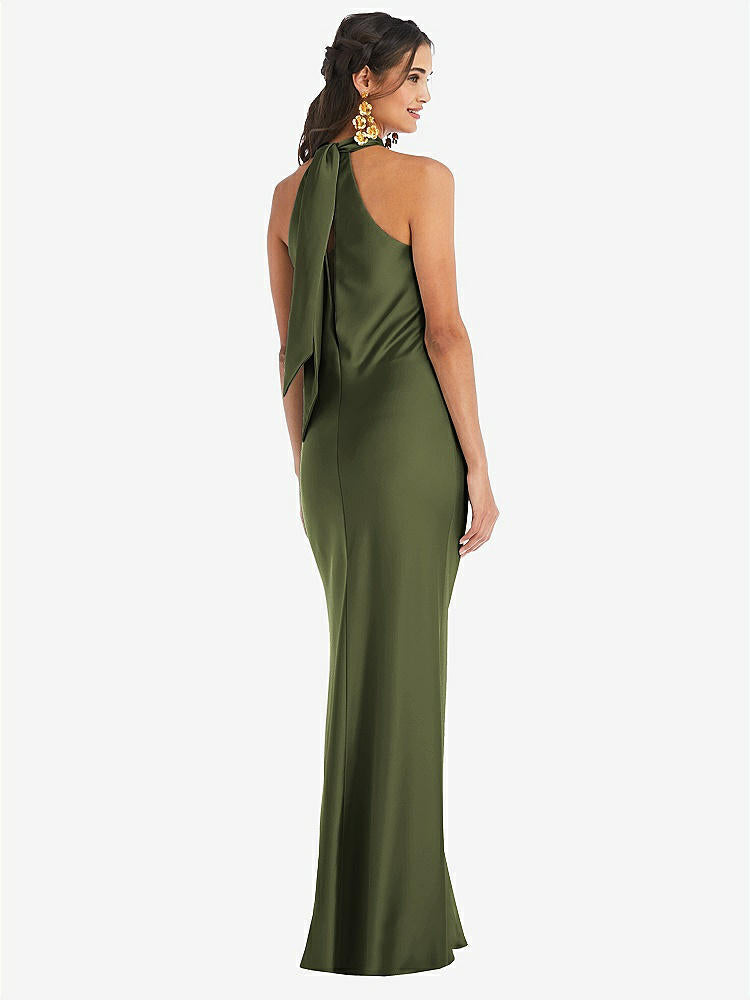 【STYLE: LB025】Draped Twist Halter Tie-Back Trumpet Gown【COLOR: Olive Green】