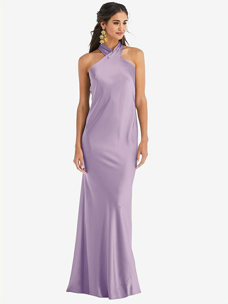 【NEW】【STYLE: LB025】ドレープ ひねり ホルター ネクタイバック トランペット ガウン【COLOR: Pale Purple】【SIZE: 00-30W】