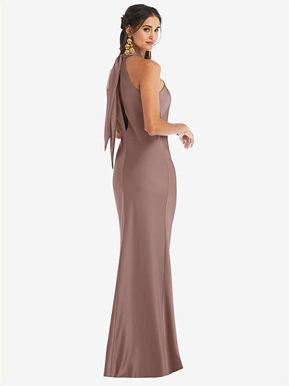 【STYLE: LB025】Draped Twist Halter Tie-Back Trumpet Gown【COLOR: Sienna】