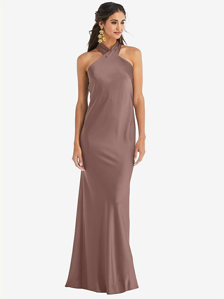 【STYLE: LB025】Draped Twist Halter Tie-Back Trumpet Gown【COLOR: Sienna】
