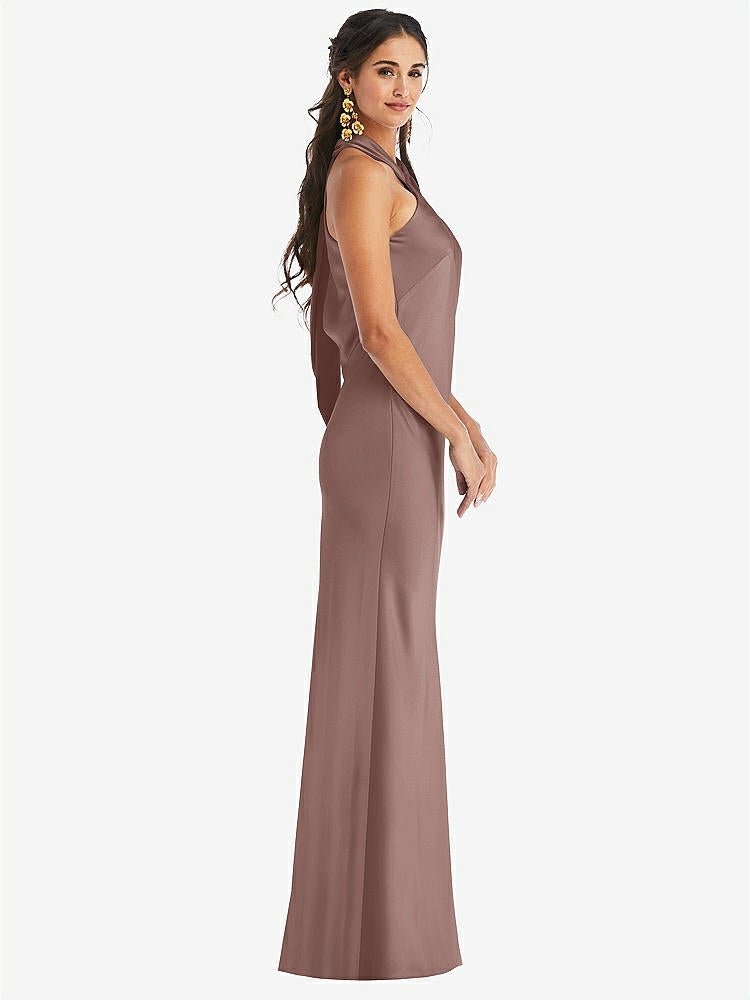 【STYLE: LB025】Draped Twist Halter Tie-Back Trumpet Gown【COLOR: Sienna】