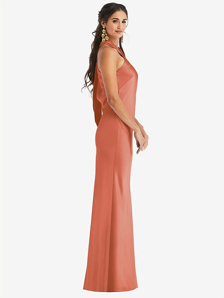 【STYLE: LB025】Draped Twist Halter Tie-Back Trumpet Gown【COLOR: Terracotta Copper】