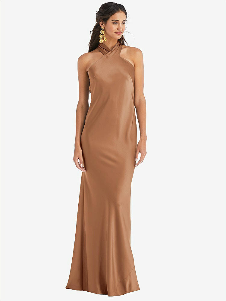 【STYLE: LB025】Draped Twist Halter Tie-Back Trumpet Gown【COLOR: Toffee】