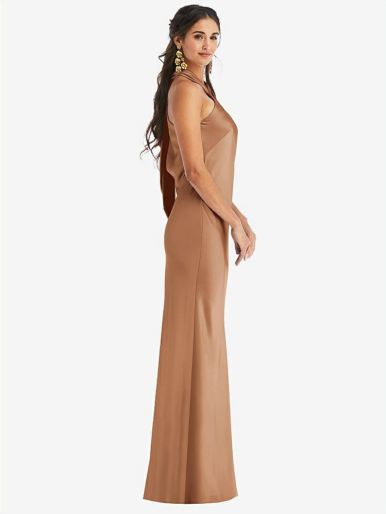 【STYLE: LB025】Draped Twist Halter Tie-Back Trumpet Gown【COLOR: Toffee】
