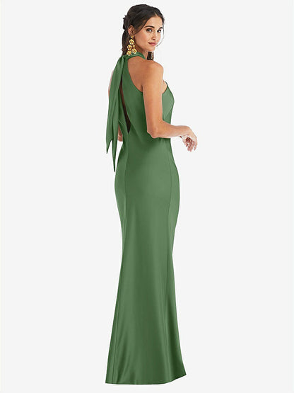 【STYLE: LB025】Draped Twist Halter Tie-Back Trumpet Gown【COLOR: Vineyard Green】