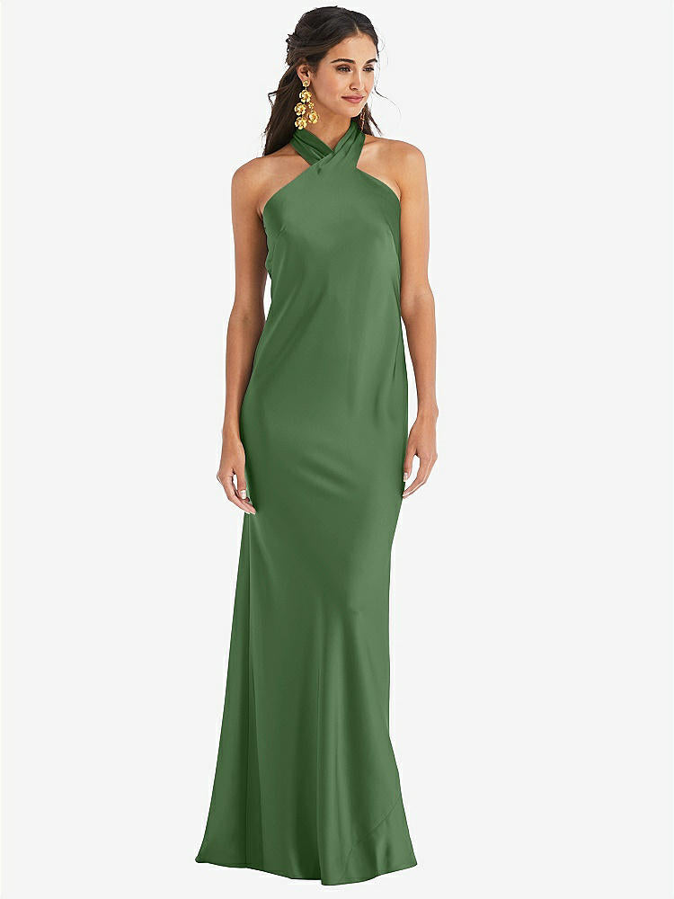 【STYLE: LB025】Draped Twist Halter Tie-Back Trumpet Gown【COLOR: Vineyard Green】