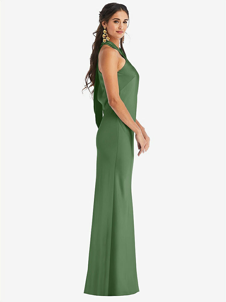 【STYLE: LB025】Draped Twist Halter Tie-Back Trumpet Gown【COLOR: Vineyard Green】