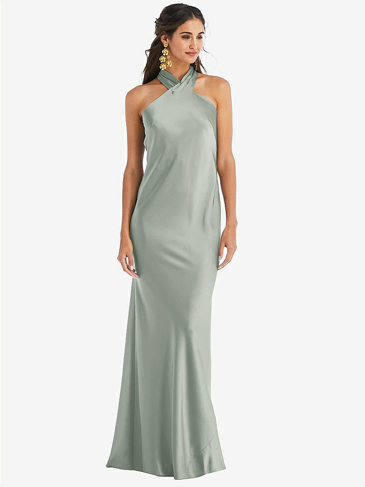 【STYLE: LB025】Draped Twist Halter Tie-Back Trumpet Gown【COLOR: Willow Green】