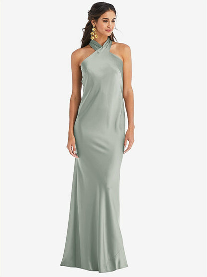 【STYLE: LB025】Draped Twist Halter Tie-Back Trumpet Gown【COLOR: Willow Green】