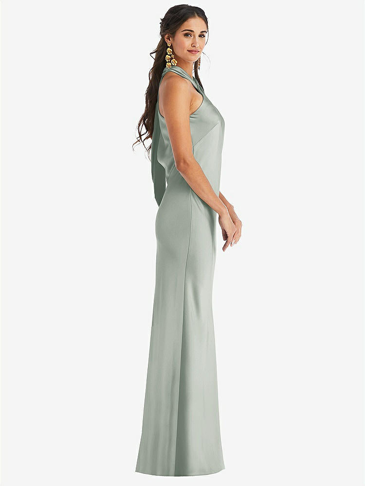 【STYLE: LB025】Draped Twist Halter Tie-Back Trumpet Gown【COLOR: Willow Green】