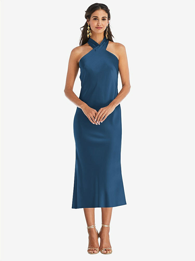 【STYLE: LB026】Draped Twist Halter Tie-Back Midi Dress - Paloma【COLOR: Dusk Blue】