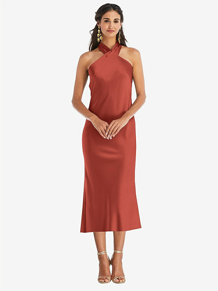 【STYLE: LB026】Draped Twist Halter Tie-Back Midi Dress - Paloma【COLOR: Amber Sunset】