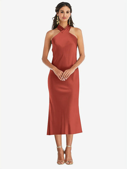 【STYLE: LB026】Draped Twist Halter Tie-Back Midi Dress - Paloma【COLOR: Amber Sunset】