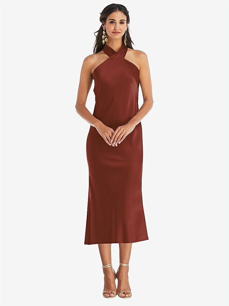 【STYLE: LB026】Draped Twist Halter Tie-Back Midi Dress - Paloma【COLOR: Auburn Moon】